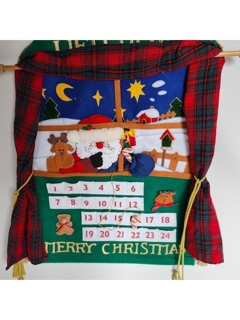 VINTAGE Christmas Advent Calendar Santa Count Down Wall Hanging Fabric